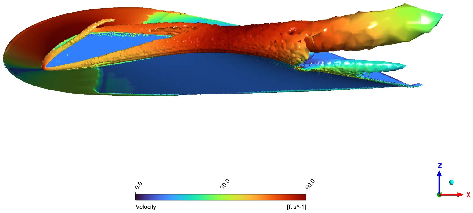 Vorticity isosurface, side view, α = 10°